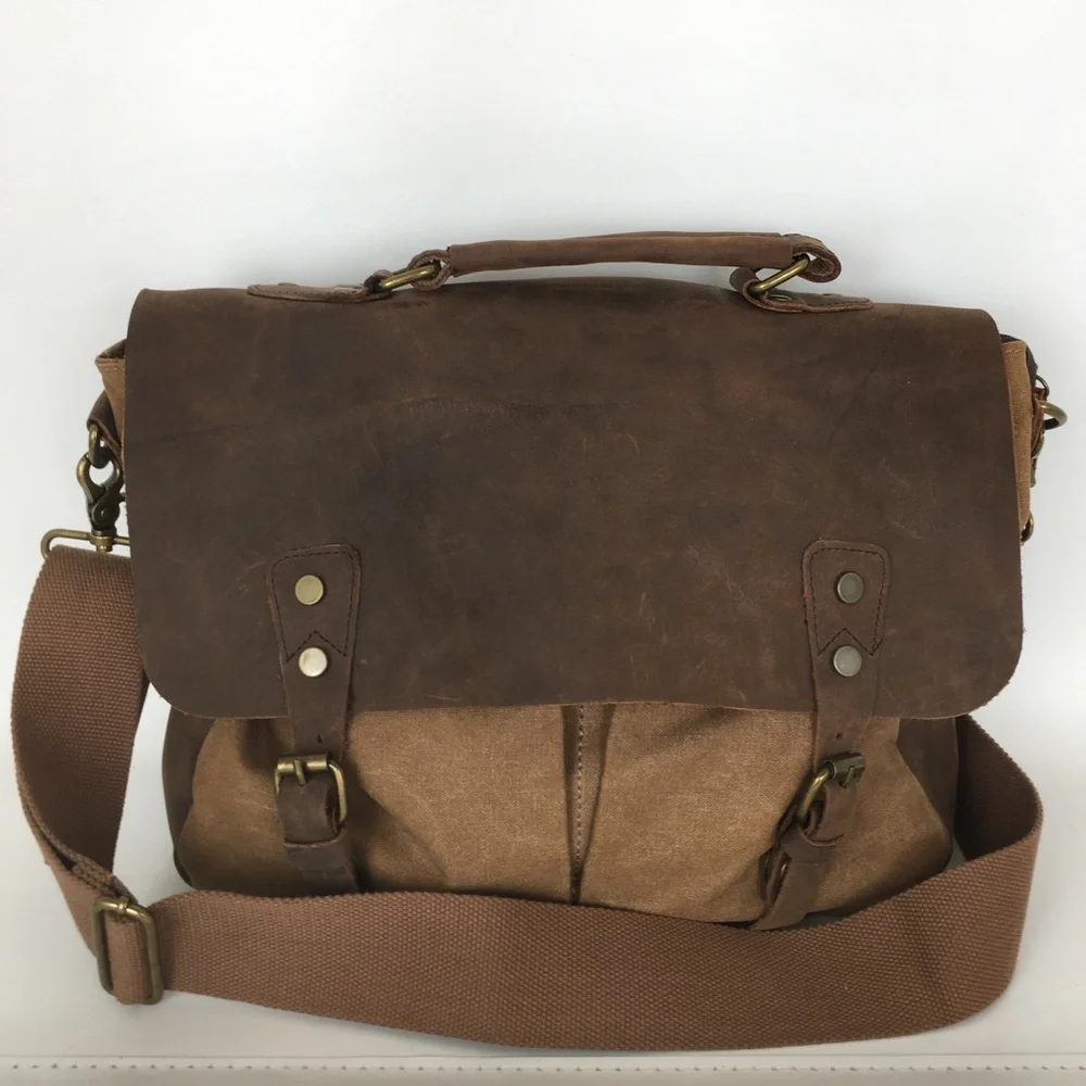 Genuine Leather Brown Canvas Vintage Style Laptop Messenger Bag Satchel